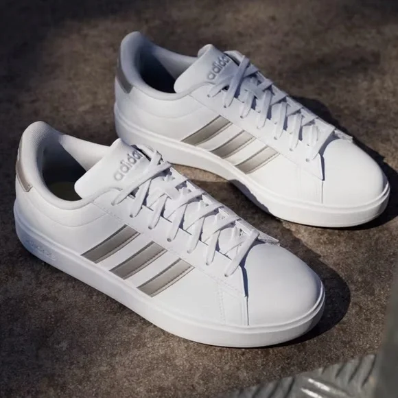 Adidas Court Shoes 2.0 Cloud Foam White Leather Platinum Stripe Comfort Sneakers - Picture 2 of 16
